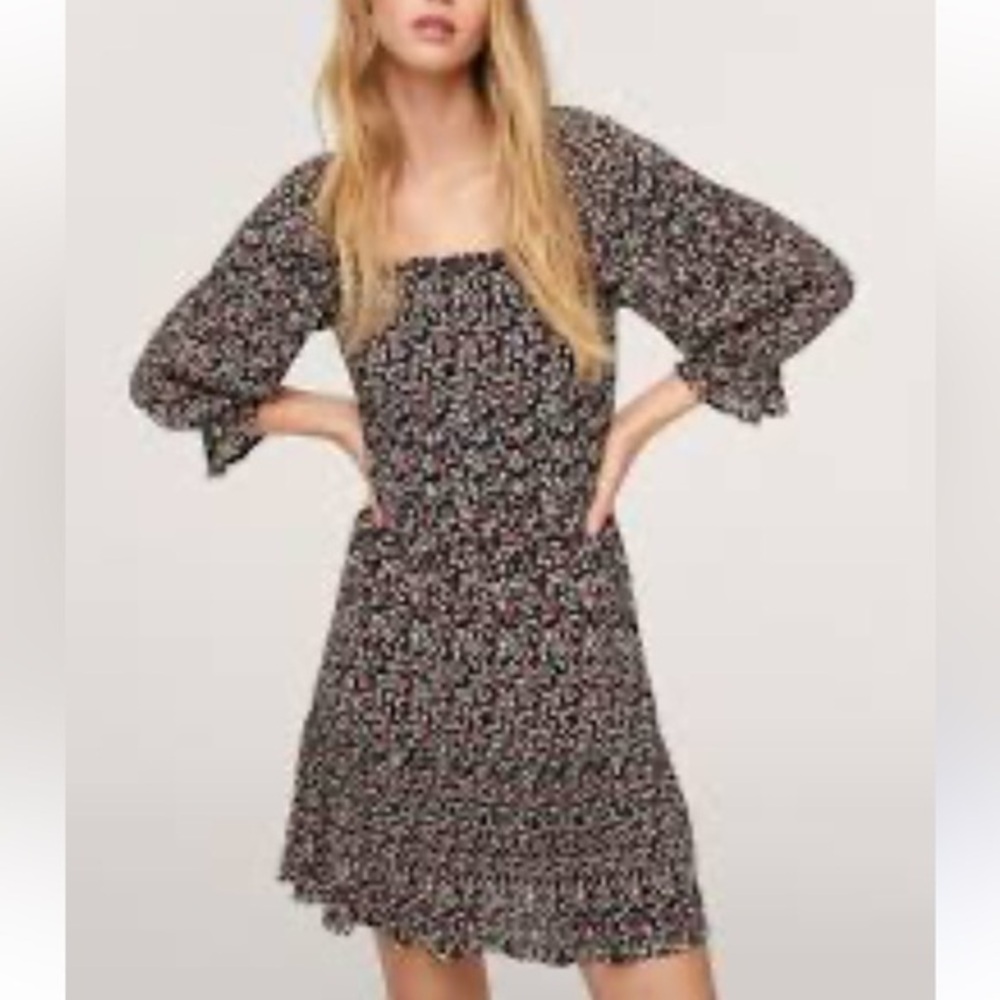 Mango Black Floral Smocked Square-Neck Dress